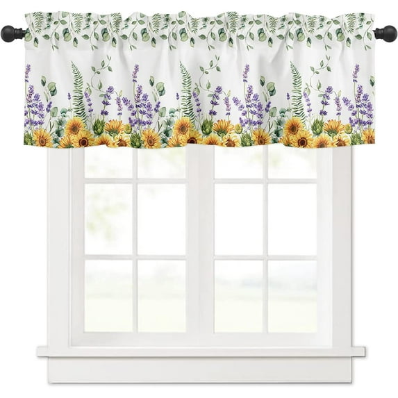 Rdsfhsp Spring Summer Flower Curtain Valance for Kitchen, Sunflower Eucalyptus Leaf Lavender Rod Pocket Valances Windows Treatments Curtains for Living Room Bedroom Decoration 54" x 18"