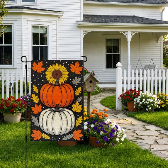 Rdsfhsp Stacked Pumpkins Garden Flag 12x18 Inch, Linen White Orange Pumpkin Sunflower Yard Flag, Double Sided Outdoor Fall Decor