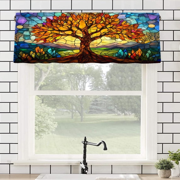 Rdsfhsp Stained Glass Tree of Life Rod Pocket Polyester Curtain Valance for Home Kitchen Bedroom Living Room Window Decor 54x18 inch