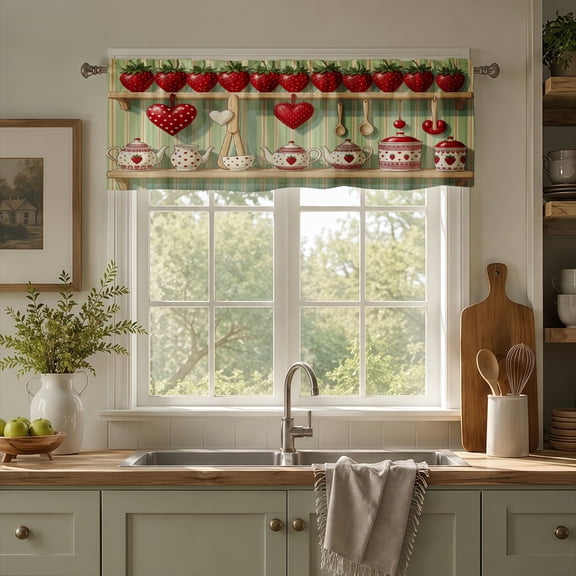 Rdsfhsp Strawberry Window Valance Curtain, Fruit Kitchen Pattern Decorative Rod Pocket Short Curtain for Farmhouse Window Decor