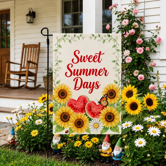 Rdsfhsp Summer Garden Flag 12x18 Inch, Linen Outdoor Yard Flag with Sunflower Watermelon Design, Seasonal Welcome Flag for Lawn Porch Patio Garden Decor