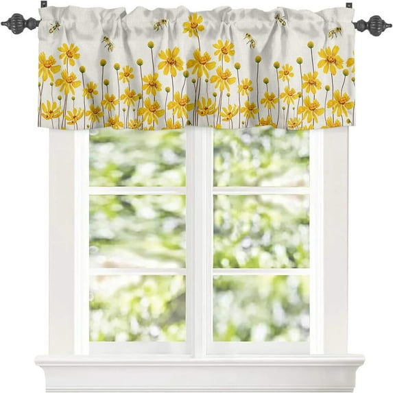 Rdsfhsp Summer Yellow Daisy Kitchen Valance, Bee Watercolor Floral Window Valances Short Curtains Window Treatment Rod Pocket Drapes for Bedroom Living Room Bathroom 54x18in