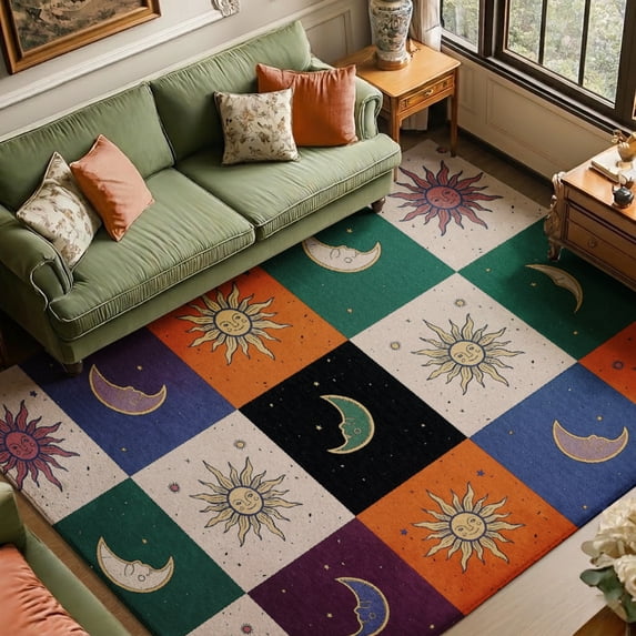 Rdsfhsp Sun Moon Stars Velvet Area Rug, Colorful Celestial Pattern Soft Carpet for Bedroom Living Room Teen Room Boho Home Decor