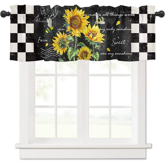 Rdsfhsp Sunflower Buffalo Plaid Rod Pocket Polyester Window Valance for Bedroom Kitchen, 54x18 inch