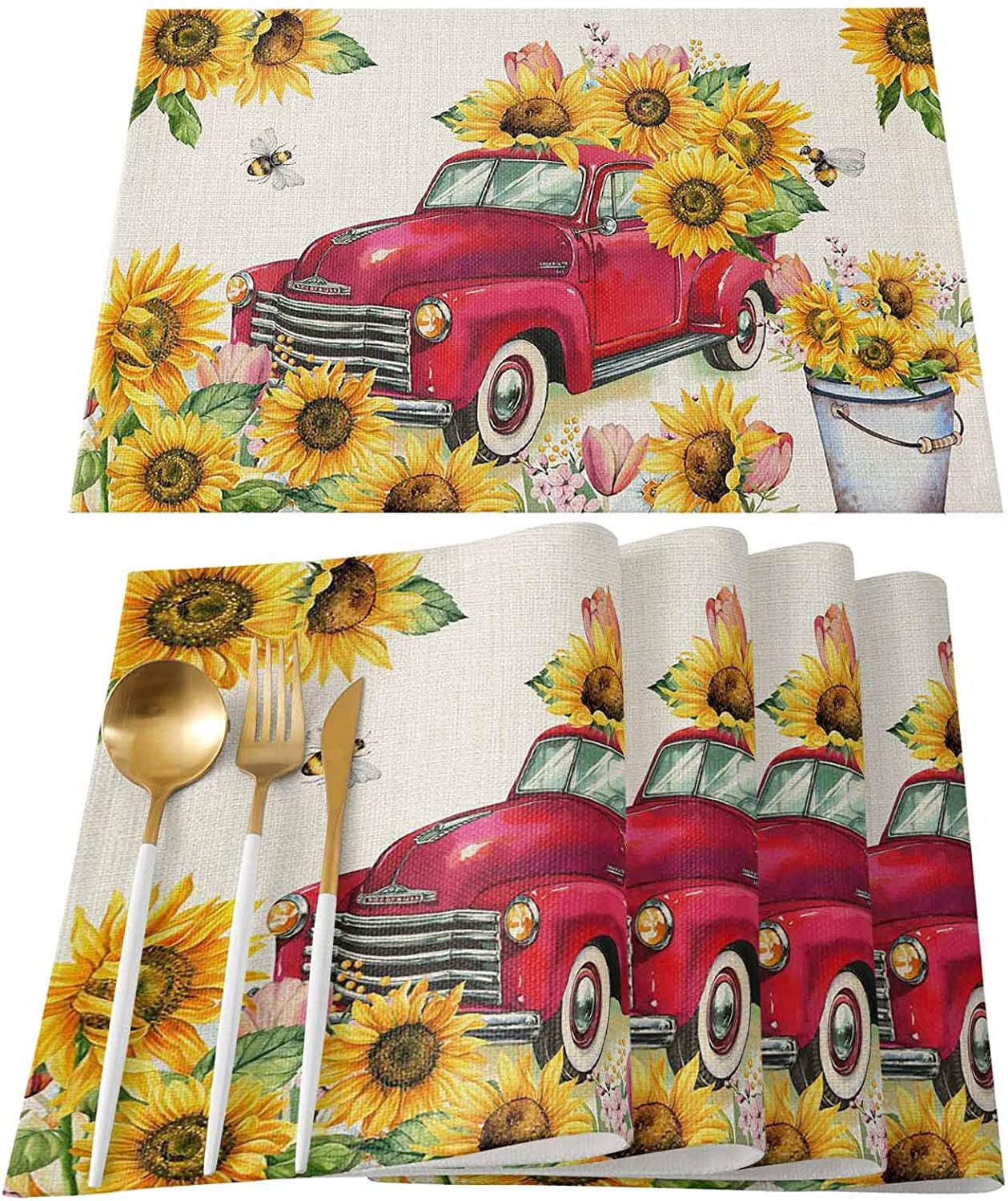 Rdsfhsp Sunflower Placemats Set of 4 Spring Summer Red Truck Placemats ...