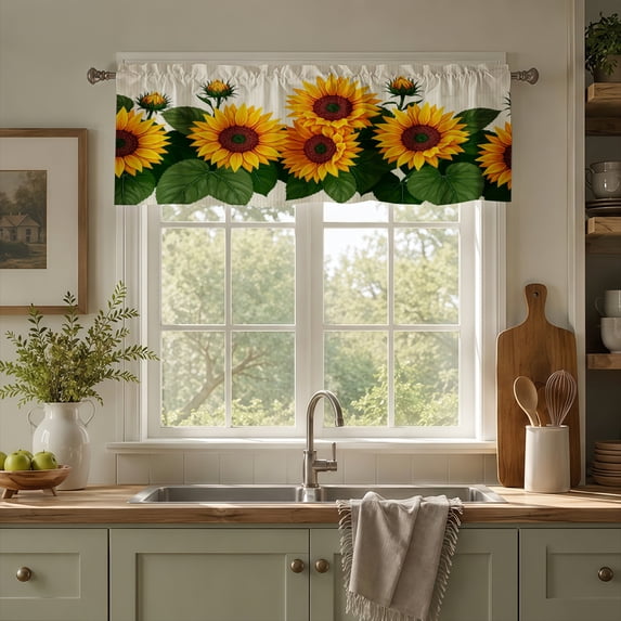 Rdsfhsp Sunflower Window Valance Curtain, Bright Floral Pattern Kitchen Valance with Rod Pocket, Farmhouse Home Decor Short Curtain