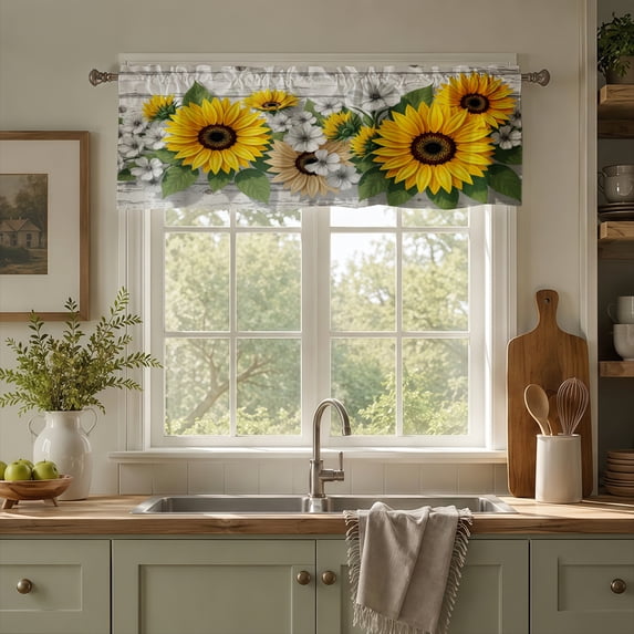 Rdsfhsp Sunflower Window Valance Curtain, Rustic Floral Pattern Decorative Rod Pocket Short Curtain for Kitchen Living Room Decor