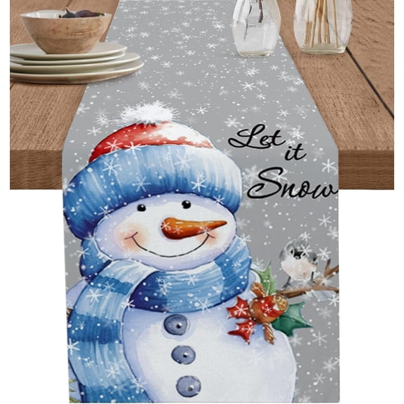 Rdsfhsp Table Runner, Christmas Tree Snowman Holly Winter Snowflake Gray Cotton and Linen Dresser Scarf Table Runner for Kitchen Dinner Table, 13x72 Inch