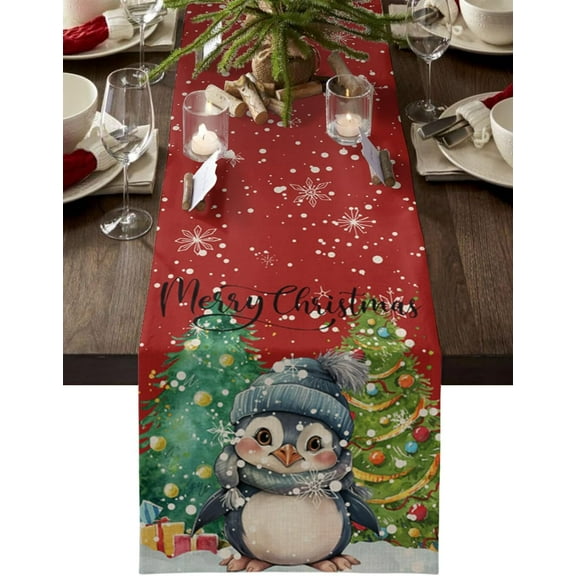 Rdsfhsp Table Runner, Merry Christmas Penguin Xmas Tree Snowflake Gift Winter Red Cotton and Linen Dresser Scarf Table Runner for Kitchen Dinner Table, 13x72 Inch