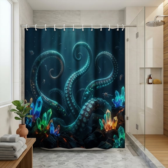 Rdsfhsp Teal Crystal Octopus Tentacle Abstract Shower Curtain 72x72 Inch, Waterproof Heavy Duty Fabric Set with Hooks Included, Machine Washable Mildew Resistant Bath Curtain