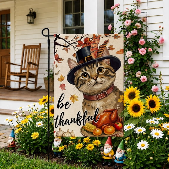 Rdsfhsp Thanksgiving Cat Garden Flag 12x18 Inch, Linen Be Thankful Pumpkin Autumn Yard Flag, Double Sided Outdoor Porch Lawn Fall Farmhouse Decor