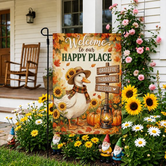 Rdsfhsp Thanksgiving Garden Flag 12x18 Inch, Fall Harvest Linen Yard Flag with Duck Pumpkin Design, Outdoor Decorative Flag for Garden Lawn Porch Holiday Decor