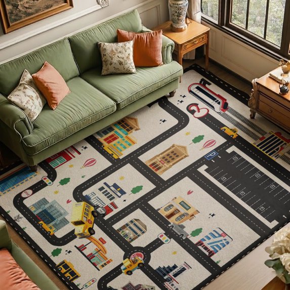 Rdsfhsp Transportation Road Map Velvet Area Rug, Cars Trucks Streets and Buildings Pattern Soft Carpet for Kids Room Playroom Bedroom Decor