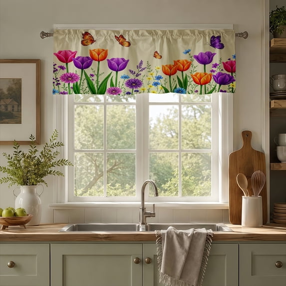 Rdsfhsp Tulip Flower Window Valance Curtain, Colorful Floral Pattern Decorative Rod Pocket Short Curtain for Kitchen Bedroom Decor