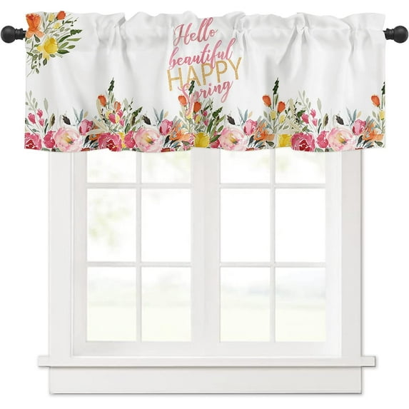 Rdsfhsp Valance Curtains Hello Beautiful Happy Spring Flower Floral Watercolor Daisy Kitchen Valance Rod Pocket Window Treatments for Kitchen Bathroom Bedroom 54x18 Inch