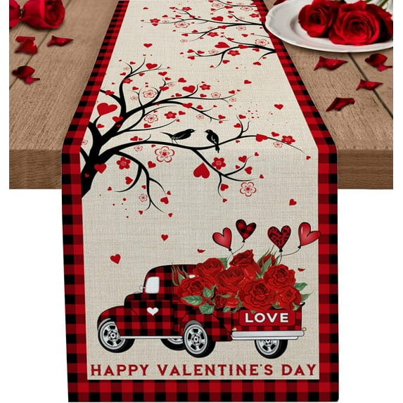 Rdsfhsp Valentine Table Runner 13x72 Inches Long for Table Decoration Happy Valentine's Day Truck with Rose Red and Black Buffalo Plaid Coffee Table Runner for Kitchen Dining Party Home Decor