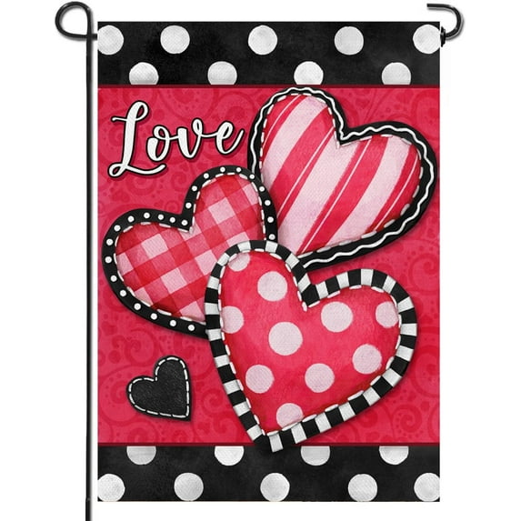 Rdsfhsp Valentine's Day Love Heart Small Decorative Garden Flag, Red Pink Buffalo Plaid Yard Lawn Outside Decor, Polka Dots Stripes Farmhouse Outdoor Home Decoration Double Sided 12 x 18 Inch