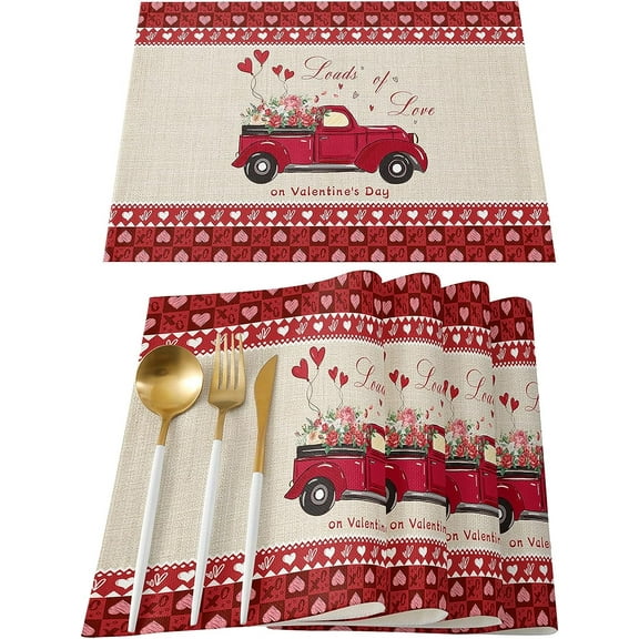 Rdsfhsp Valentine's Day Truck Placemats Set of 4 for Dining Table, Loads of Love on Valentine's Day Red Truck Wood Grain Place Mats for Holiday Party 12x18 Inch