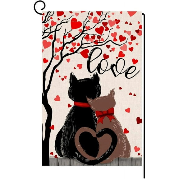 Rdsfhsp Valentines Cats Garden Flag 12x18 Vertical Double Sided Red Love Tree Spring Farmhouse Holiday Outside Decorations Linen Yard Flag