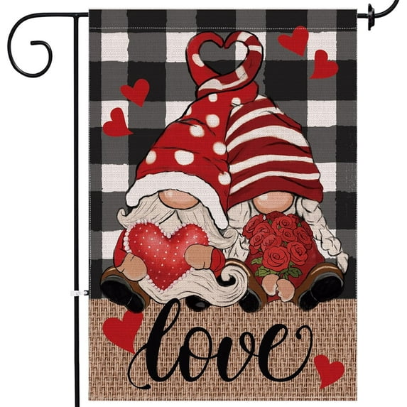 Rdsfhsp Valentines Day Garden Flag, Valentines Day Decor Gnomes Yard Flag 12x18 Double Sided, Valentine Garden Flags Buffalo Plaid Burlap Signs Home Decorations Rustic Welcome Love Outdoor Farmhouse