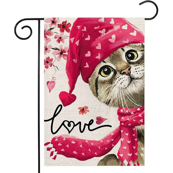 Rdsfhsp Valentines Day Love Cat Linen Garden Flag 12x18 Double Sided for Anniversary Wedding Holiday Outside Decor