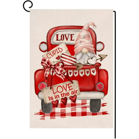 Rdsfhsp Valentines Day Small Garden Flag Love is in The Air Vertical Double Sided Linen Gnome Red Truck Farmhouse Spring Yard Outdoor Decoration 12 x 18 Inches
