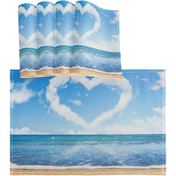Rdsfhsp Valentines Wedding Heart Cloud Placemat Table Mats Set of 4, Romantic Sea Beach Blue Sky Heat Resistant Kitchen Place Mats for Dining Table Decoration