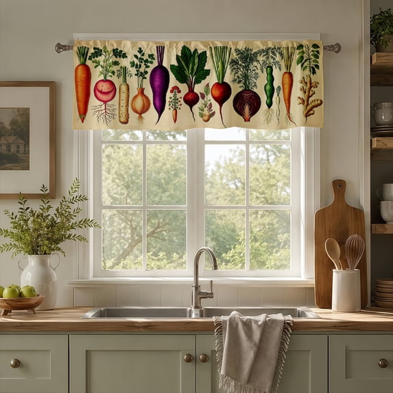 Rdsfhsp Vegetable Window Valance Curtain, Colorful Garden Produce Pattern Decorative Rod Pocket Short Curtain for Kitchen Decor