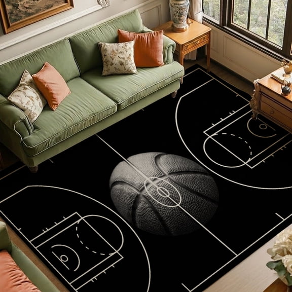 Rdsfhsp Velvet Area Rug Basketball Hoop Spotlight Sports Carpet, Non Slip Soft Plush, Machine Washable Stain Resistant Durable, Boys Bedroom Game Room Man Cave Gym Floor Mat Decor