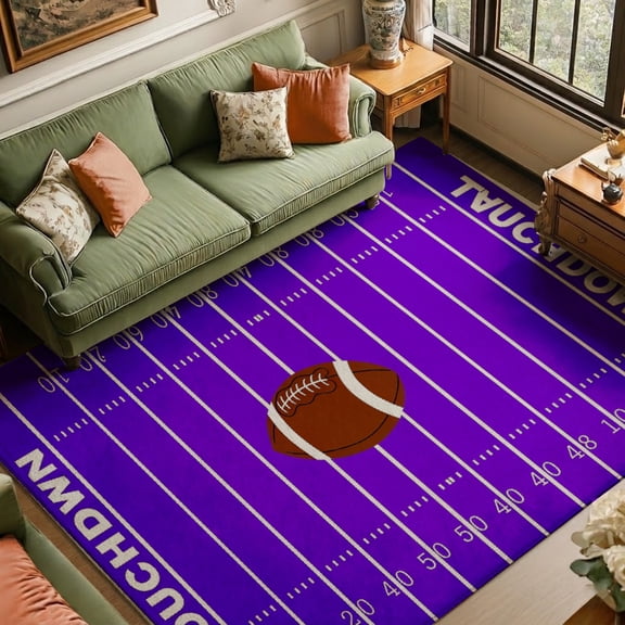 Rdsfhsp Velvet Area Rug Football Field Touchdown Purple Gridiron Sports Carpet, Non Slip Soft Plush, Machine Washable Stain Resistant Durable, Game Room Man Cave Floor Mat