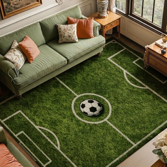 Rdsfhsp Velvet Area Rug Soccer Field Pitch Sports Carpet, Non Slip Soft Plush, Machine Washable Stain Resistant Durable, Boys Bedroom Game Room Man Cave Sports Bar Floor Mat Decor