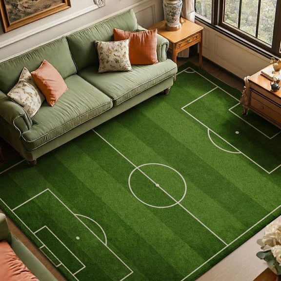 Rdsfhsp Velvet Area Rug Soccer Field Pitch Sports Carpet, Non Slip Soft Plush, Machine Washable Stain Resistant Durable, Boys Bedroom Game Room Man Cave Sports Bar Floor Mat Decor