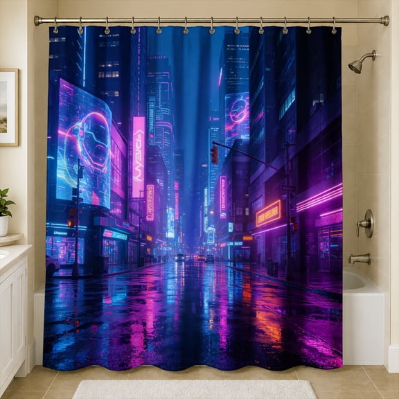 Rdsfhsp Vibrant Cyberpunk Neon City Street Shower Curtain, Futuristic Sci-Fi Skyline Fantasy Bathroom Decor, Waterproof Washable Polyester Fabric Bath Curtains with Hooks, 72x72 Inches