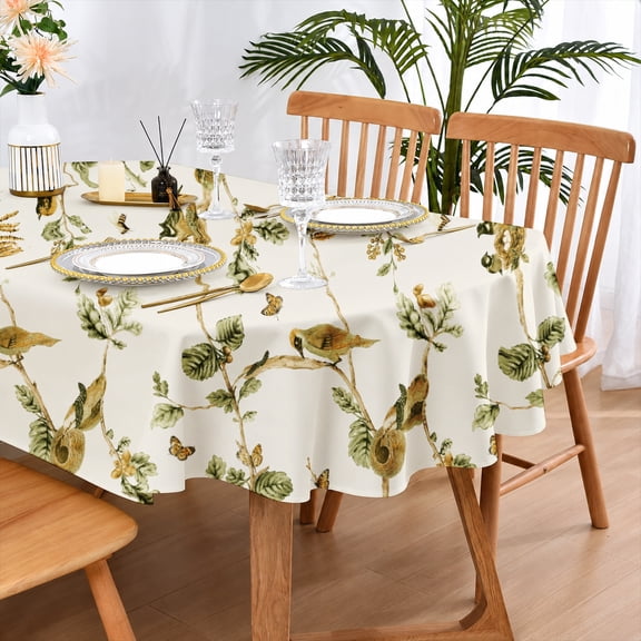 Rdsfhsp Vintage Bird Branch Floral Oval Tablecloth, Retro Nature Print Table Cover, Machine Washable 60" x 84" Oval Table