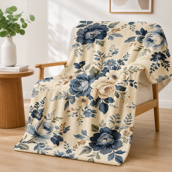 Rdsfhsp Vintage Blue Rose Floral Flowers Flannel Throw Blanket Soft Cozy Warm Fleece Blanket for Bed Couch Sofa Living Room Decor Gift