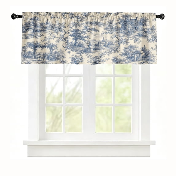 Rdsfhsp Vintage Blue Toile De Jouy Window Valance French Country Short Curtain Rod Pocket for Living Room