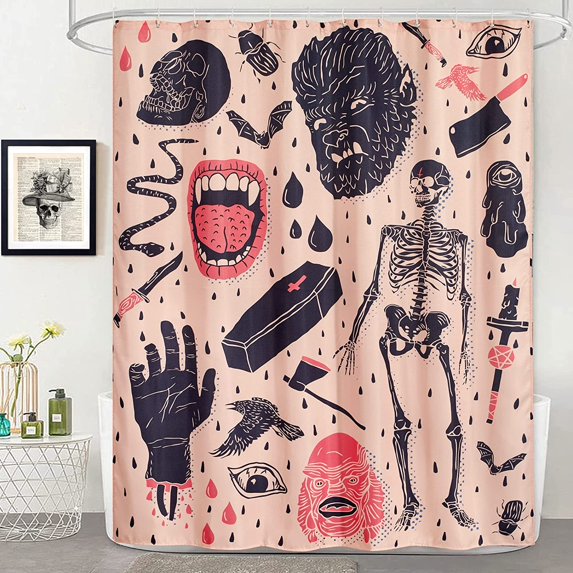 Rdsfhsp Vintage Halloween Shower Curtain, Creepy Gothic Skeleton Skulls Bats Fun Cute Halloween Themed Shower Curtains with Hooks Scary Spooky Horror Bathroom Decor