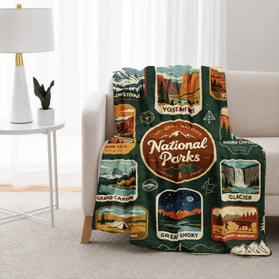 Rdsfhsp Vintage National Parks Throw Blanket, Soft Flannel Fleece Throws with Scenic Mountain Posters, Forest Views and Outdoor Adventure Artwork, Cozy Blanket for Couch, Bed, Cabin Lodge Decor Gift