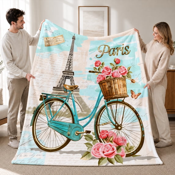 Rdsfhsp Vintage Paris Bicycle Floral Soft Flannel Throw Blanket, Ultra Soft Plush Fleece Blanket for Couch Sofa Bed, Cozy Decorative Blanket for Bedroom, Living Room and Travel 50"x40"
