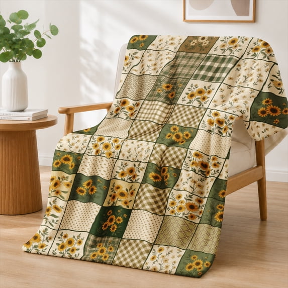 Rdsfhsp Vintage Sunflower Plaid Patchwork Grid Flannel Throw Blanket Soft Warm Cozy Fleece Blanket for Farmhouse Couch Decor