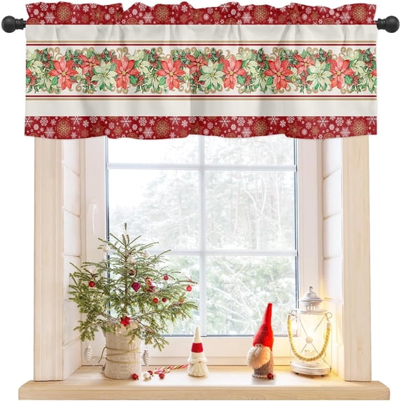 Rdsfhsp Watercolor Poinsettia Christmas Valance Curtains for Kitchen Windows Red Xmas Winter Holiday Rod Pocket Window Treatment Toppers for Kitchen/Living Room/Bedroom/Bathroom, 54" X 18"