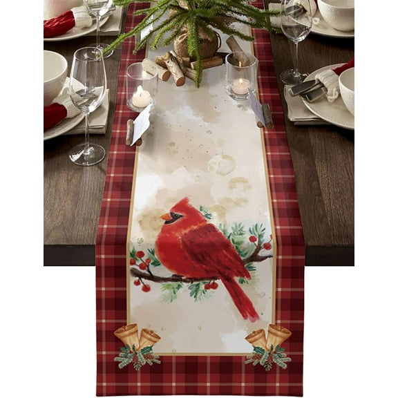 Rdsfhsp Watercolor Red Cardinal Bird Branch Cotton and Linen Table Runners 13x72in, Table Cover Dresser Christmas Bells Washable Table Decor for Kitchen Party Wedding Gathering