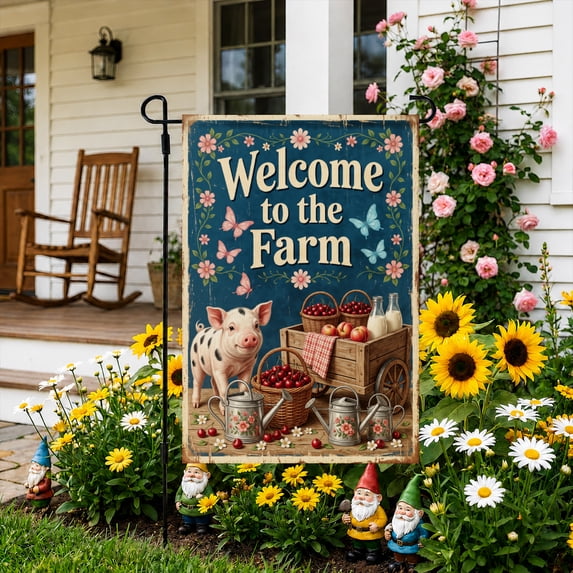 Rdsfhsp Welcome To The Farm Garden Flag 12x18 Inch, Linen Outdoor Yard Flag, Rustic Farmhouse Animal Decorative Flag for Front Porch Lawn Patio Garden Home Decor