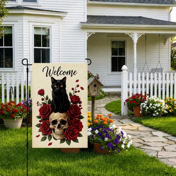 Rdsfhsp Welcome Gothic Cat Garden Flag 12x18 Inch, Linen Black Cat Skull Rose Yard Flag, Double Sided Outdoor Porch Lawn Halloween Decor