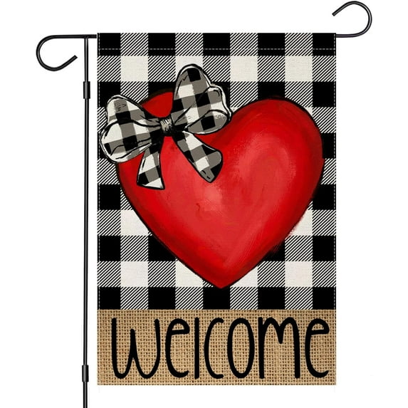 Rdsfhsp Welcome Love Hearts Garden Flags for Outside Decoration, Valentines Love Hearts with Buffalo Plaid Small Yard Flag, Anniversary Wedding Seasonal Farmhouse Holiday Outdoor Decor 12x18 Inch