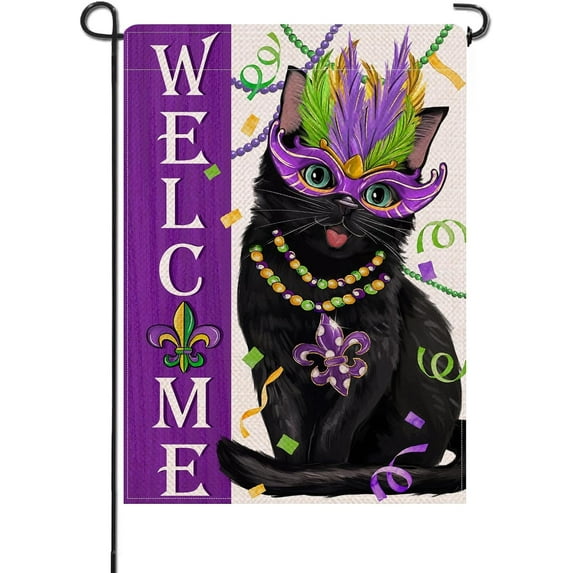 Rdsfhsp Welcome Mardi Gras Black Cat Decorative Linen Garden Flag, Purple Mask Fleur de Lis New Orleans Carnival Yard Lawn Outside Decor, 12 x 18