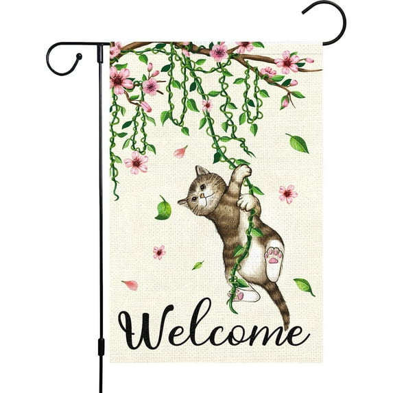 Rdsfhsp Welcome Spring Garden Flag 12x18 Double Sided, Linen Small Cat Flower Floral Garden Yard Flags for Seasonal Outside Outdoor House Decoration