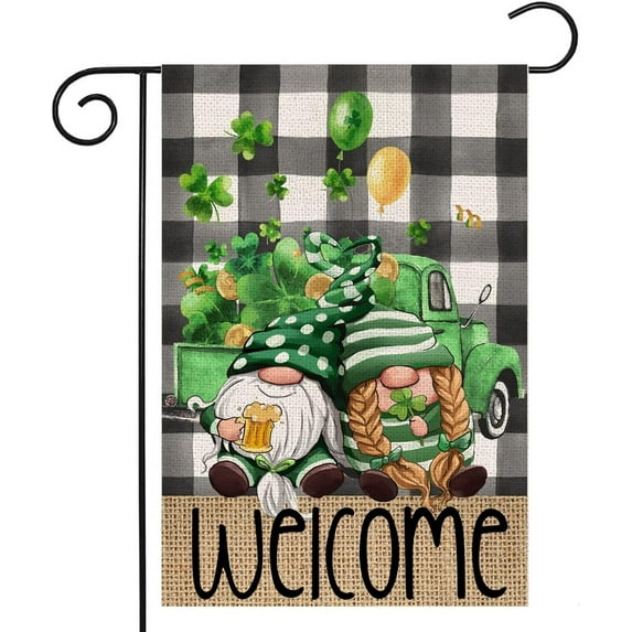 Rdsfhsp Welcome St Patricks Day Linen Garden Flag for Outdoor,Gnomes with Shamrock Truck Buffalo Plaid Small Yard Flag 12x18