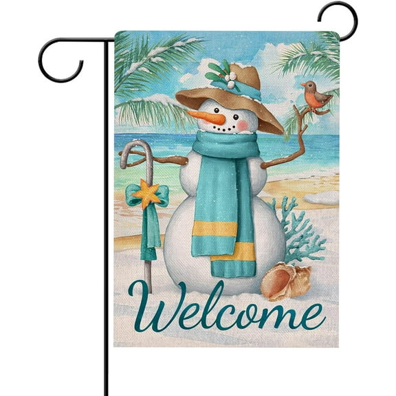 Rdsfhsp Welcome Winter Beach Snowman Garden Flag Double Sided, Decorative Yard Outdoor Small Decor, Linen Garden Flag Home Outside Decorations 12 x 18