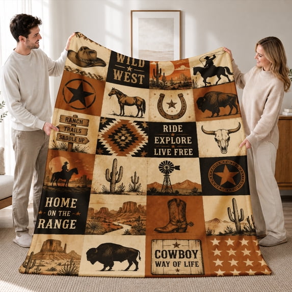 Rdsfhsp Western Cowboy Flannel Fleece Blanket, Rustic Farm Style Throw Blanket, Soft Cozy Warm Blanket for Bedroom Cabin Decor 60"x50"